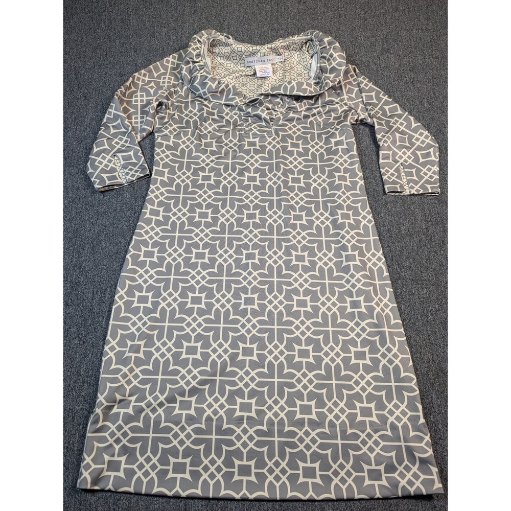 Gretchen Scott Grey Geometric Trellis Ruffle Collar Shift Dress Womens Small - Picture 2 of 9